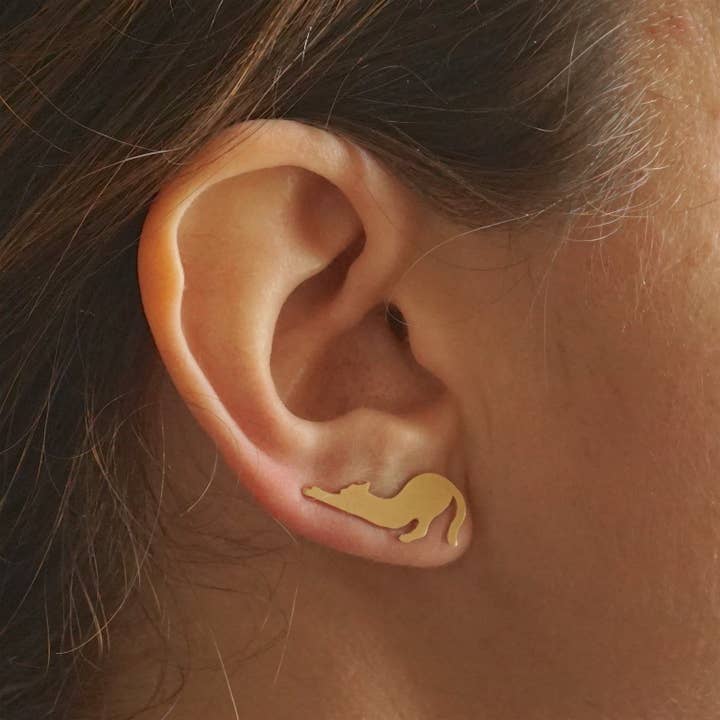 Hand-Crafted Stretching Cat Cut-Out Ear Climber Earrings for wholesale by Virginia Wynne Designs