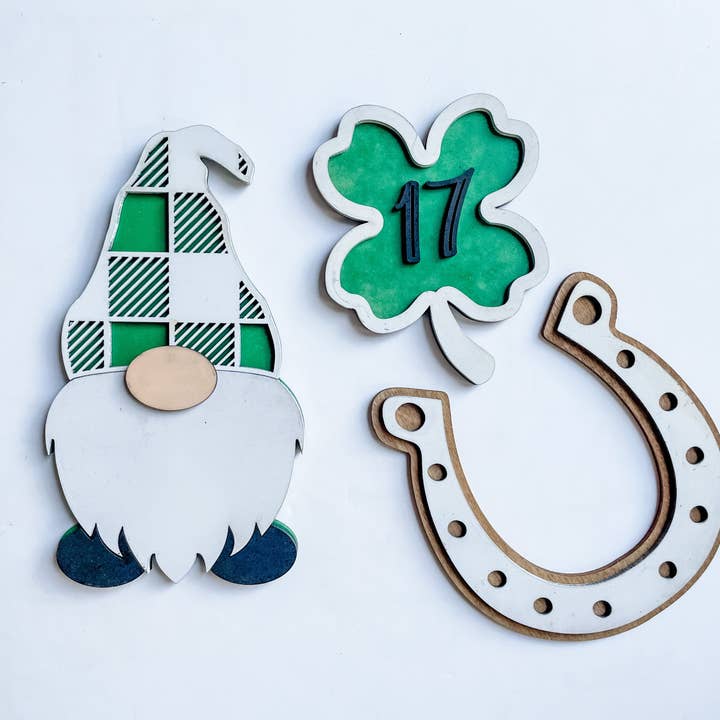 Lumber Revolution - Wholesale Decorative Tabletop Object - St. Patrick's Day Tiered Tray Bundle - Gnome, Shamrock, & Horsehoe Decor1