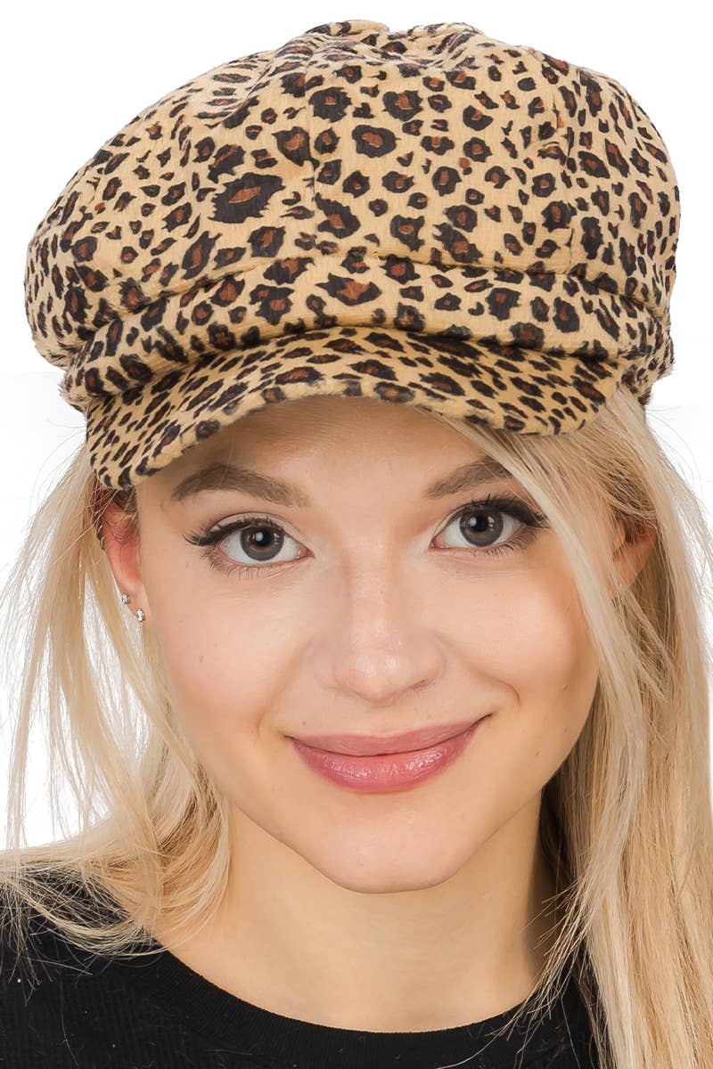 Cap Zone - Wholesale News boy/school boy hat – Women's - Exotic Leopard Brushed Cabby Newsboy Cap