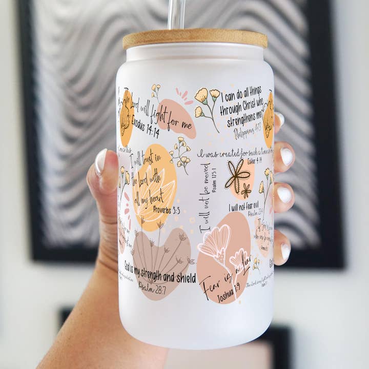 Sip-Sip Hooray! - Wholesale Drinking Glass/Cup - Bible Affirmations 16oz Glass Can Cup with Lid and Straw