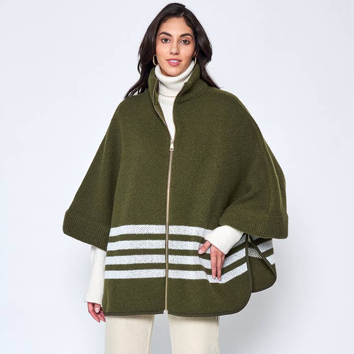 Sensibling Corp. - Wholesale Poncho - Women's - Sporty Bordered Zip Up Knit Cape Poncho17