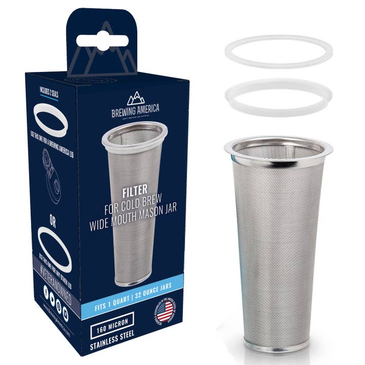 Brewing America - Wholesale Coffee Filter - Cold Brew Filter for Mason Jar Wide Mouth Coffee Maker, Stainless Steel (1 Quart (32 Ounces)