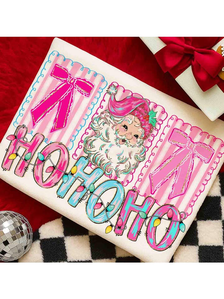 NVC Ecommerce LLC - Wholesale T-shirt (graphic) – women's - Ho Ho Ho Coquette Shirt, Pink Santa Claus Christmas Sweater2