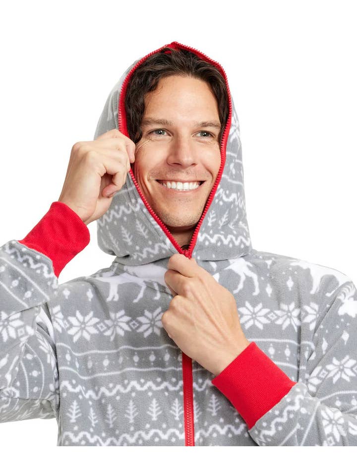 Tipsy Elves - Wholesale Onesie - Unisex - Men's Grey Moose Fair Isle Christmas Jumpsuit Onesie