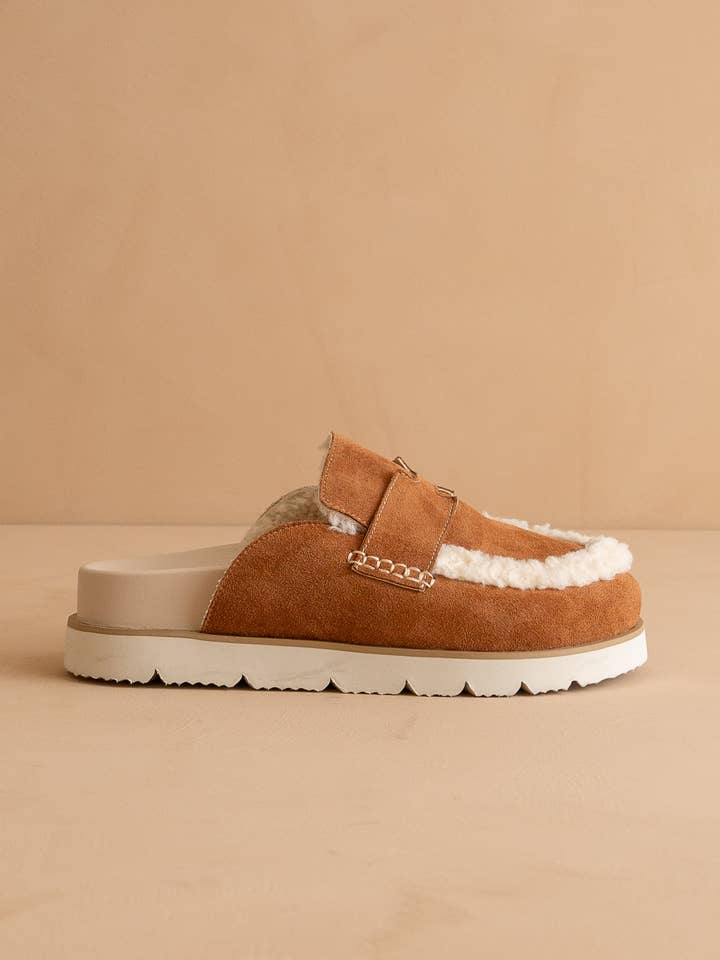 The Avalon | Caramel Suede Shearling Cozy Loafer Mule for wholesale by OASIS SOCIETY