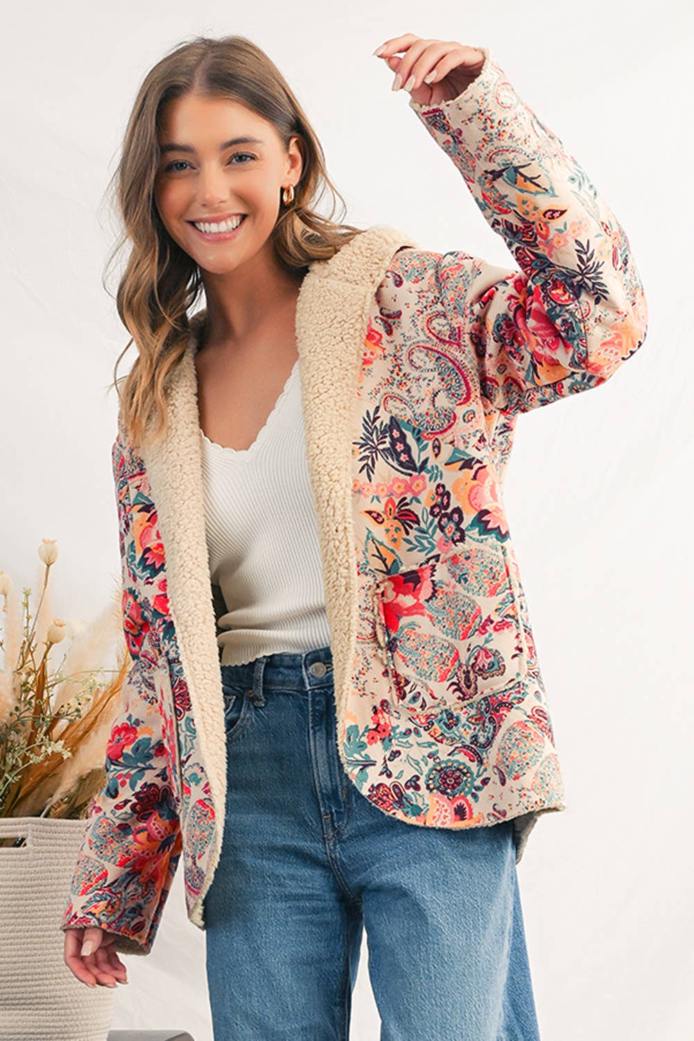 As shown Paisley Floral Print Sherpa Lined Hooded Jacket | S-XL for wholesale on Faire6