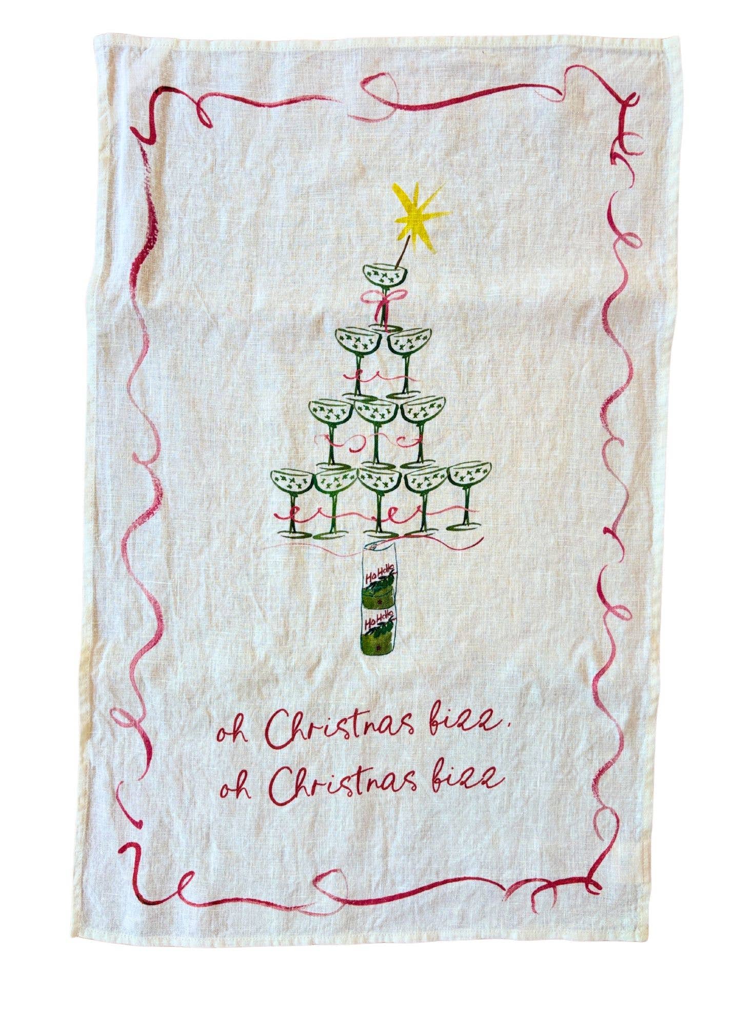 Dinette (USA Shipping) - Wholesale Tea Towel - Oh Christmas Fizz - Champagne Christmas Tree Linen Teatowel0