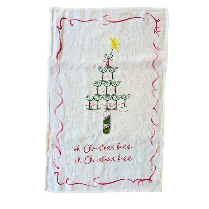 Dinette (USA Shipping) - Wholesale Tea Towel - Oh Christmas Fizz - Champagne Christmas Tree Linen Teatowel