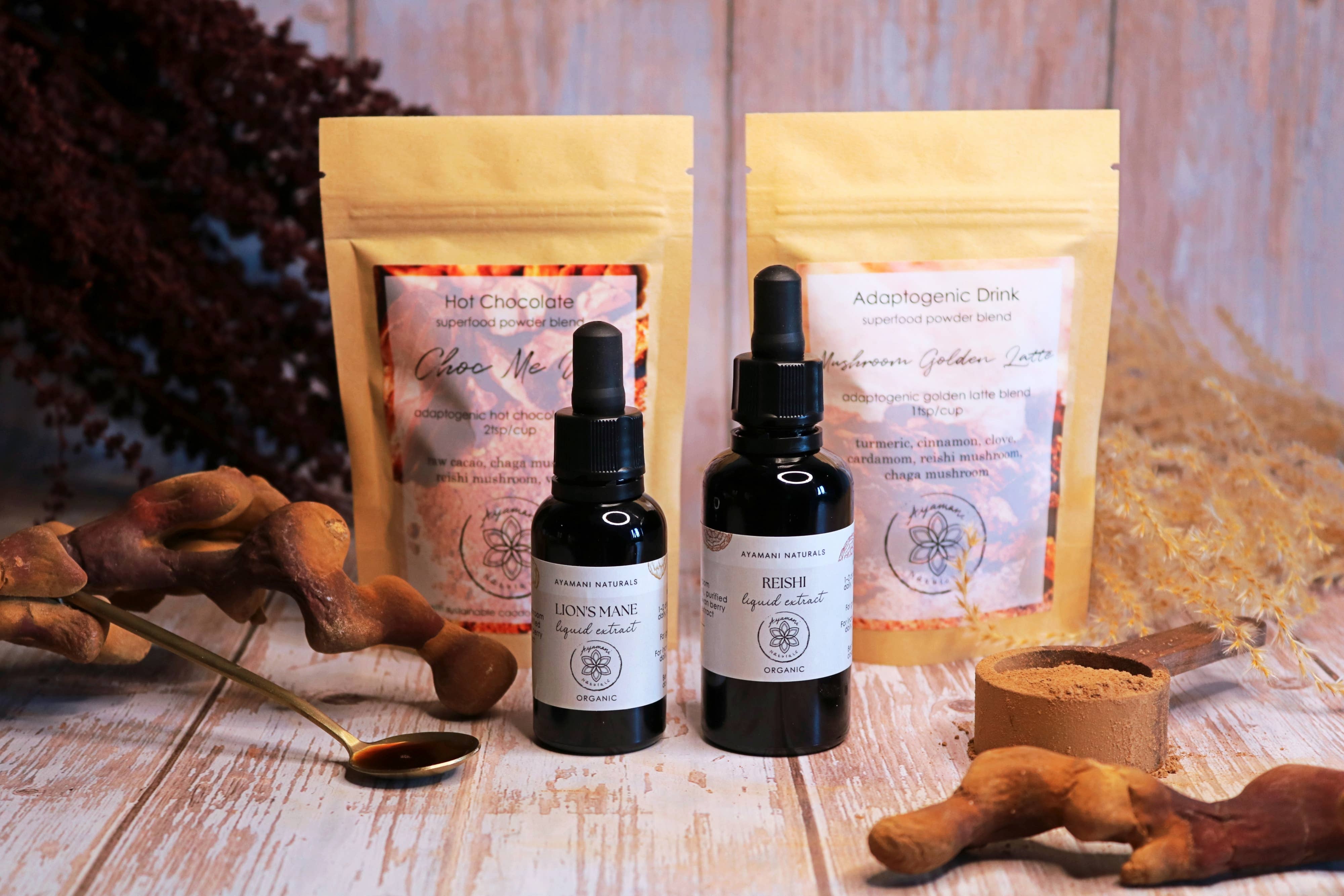 Ayamani Naturals - Wholesale Tincture - MUSHROOM RITUALS BOX | liquid extracts, cacao & golden latte3