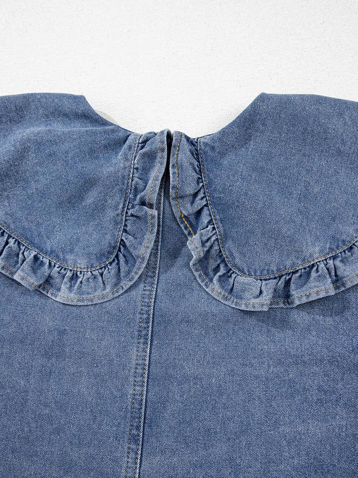 Dusk Blue Ruffled Collared Puff Sleeve Denim Mini Dress for wholesale on Faire17