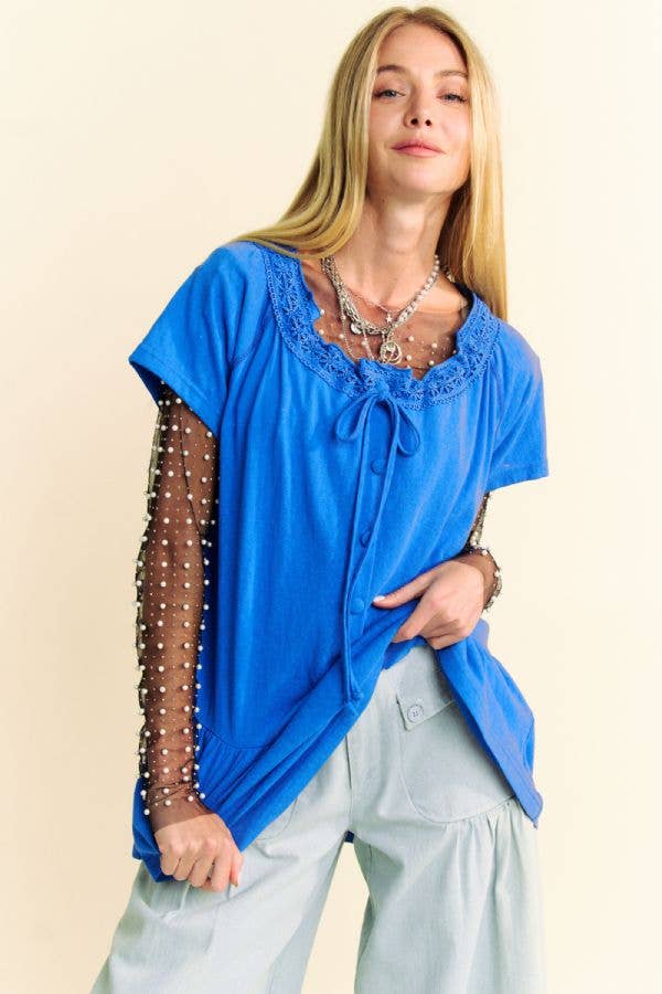 Davi & Dani - Vendita all'ingrosso Maglietta - Donna - TOP PEPLO A MANICHE CORTE CON SCOLLO IN PIZZO TINTA UNITA2