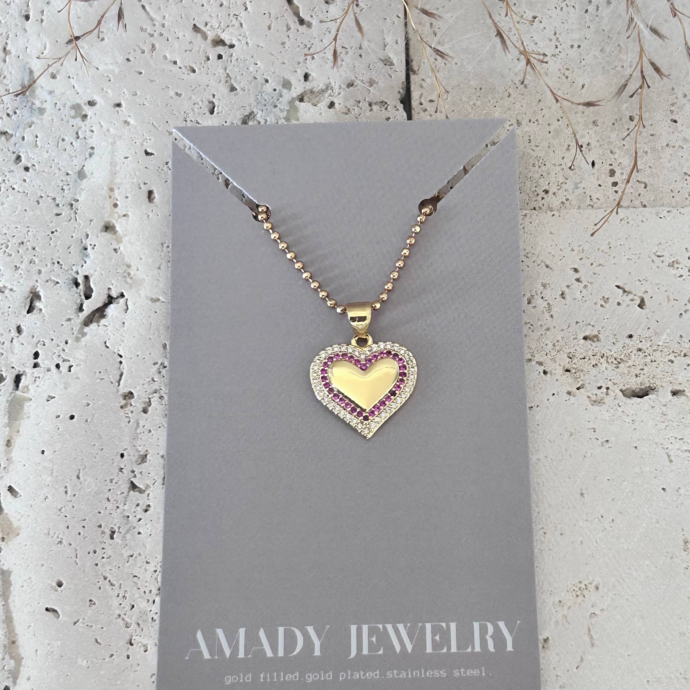 Amady Jewelry - Vendita all'ingrosso Collana con ciondolo/pendaglio - Collana con ciondolo a cuore piccolo pavé e catena di perline di vetro rosa.4