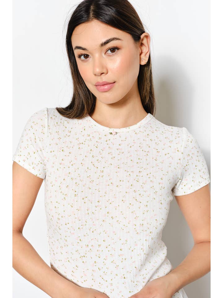 Pretty Garbage - Wholesale T-Shirt - Women's - FLORAL PRINT POINTELLE KNIT BABY TEE