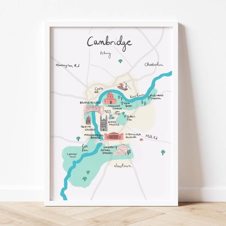 Cambridge Illustrated Map, Kings College, River Cam for wholesale by Mads Illustration