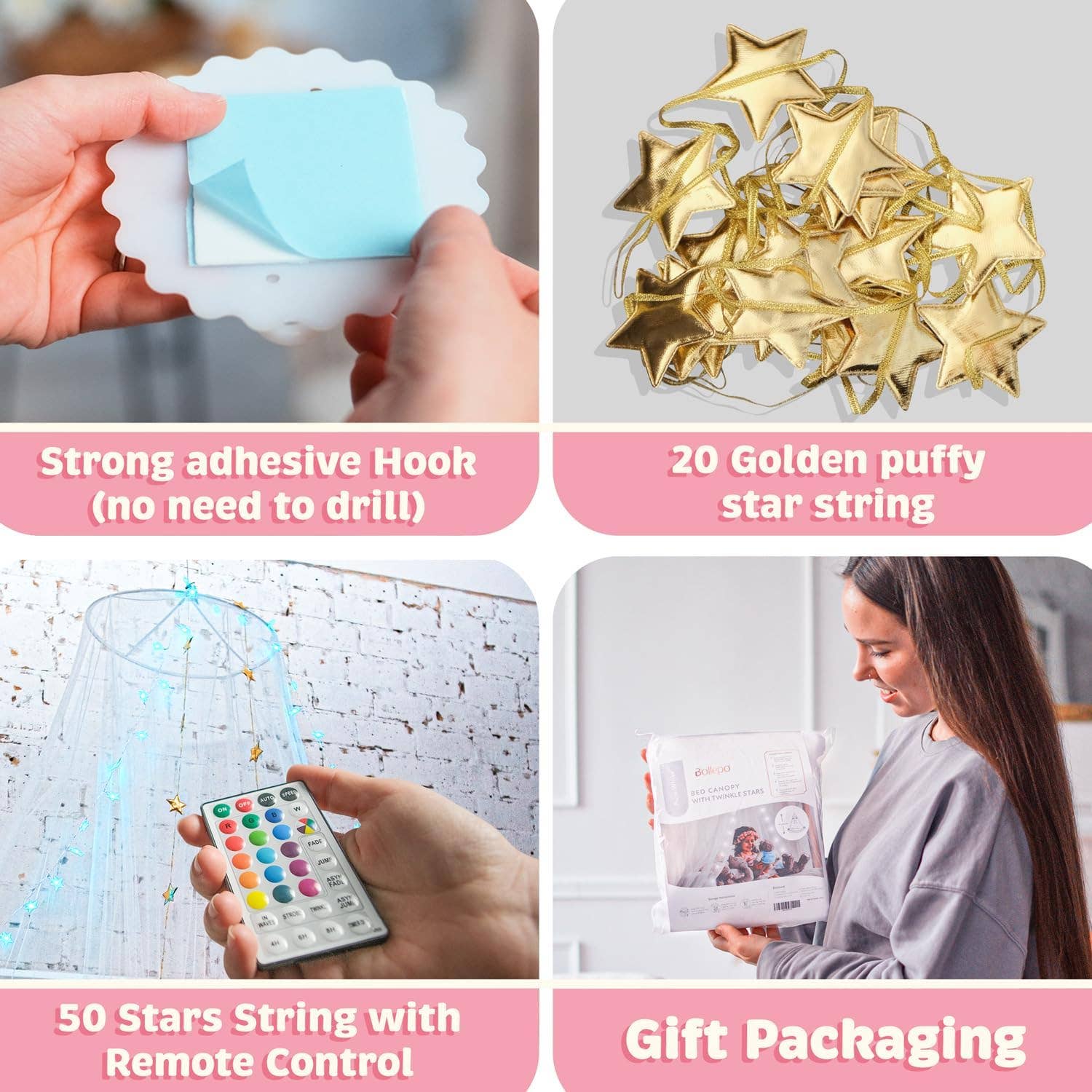 Bollepo - Vente Ciel de lit – enfant et bébé - Baldaquin de lit avec lumières LED6