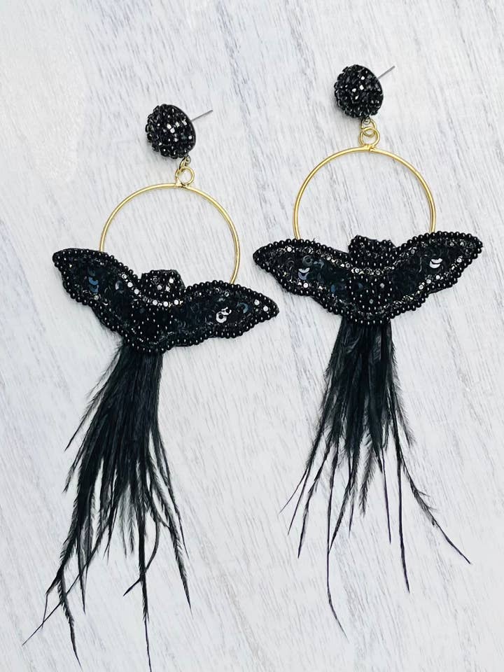 Bat Statement Earrings Black Beaded and Feather Halloween for wholesale by The Pearled Panther