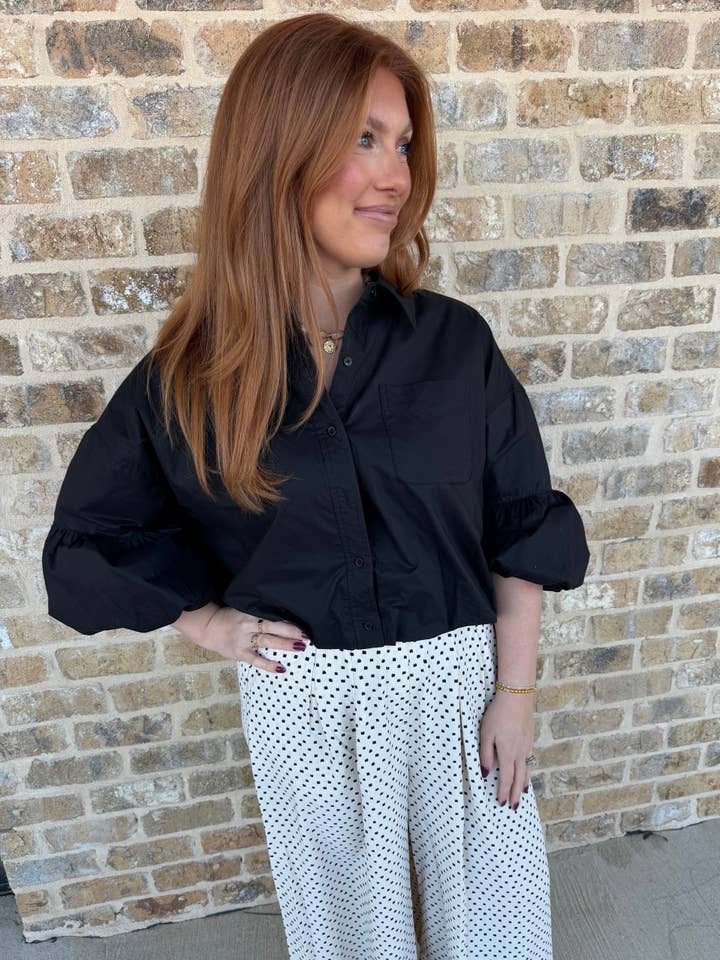 BUTTON DOWN BUBBLE SLEEVE TOP for wholesale by Triple Play Jewelry