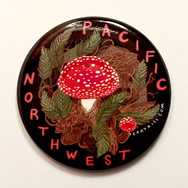 Amanita Mushroom Magnet – PNW Forest Art Magnet, Mushroom Lover Gift, Woodland Scene for wholesale by Ferry Kiss Studio
