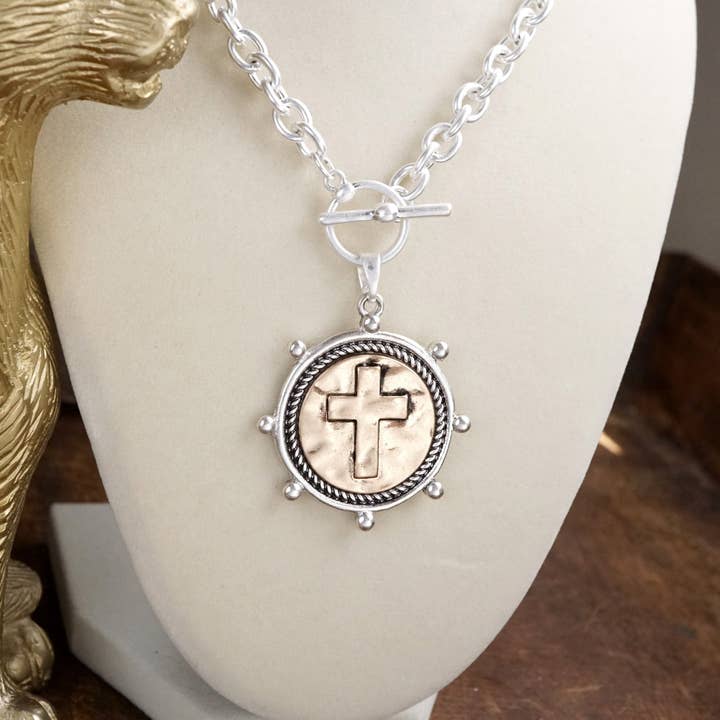 PennyLine inc - Wholesale Pendant/Charm Necklace - Cross Coin Chain Necklace with Front Toggle Closure – Silver or Gold Tone
