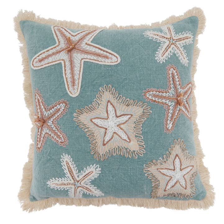 Coastal Embroidered Starfish Fringe Cotton Throw Pillow for wholesale by Saro Lifestyle
