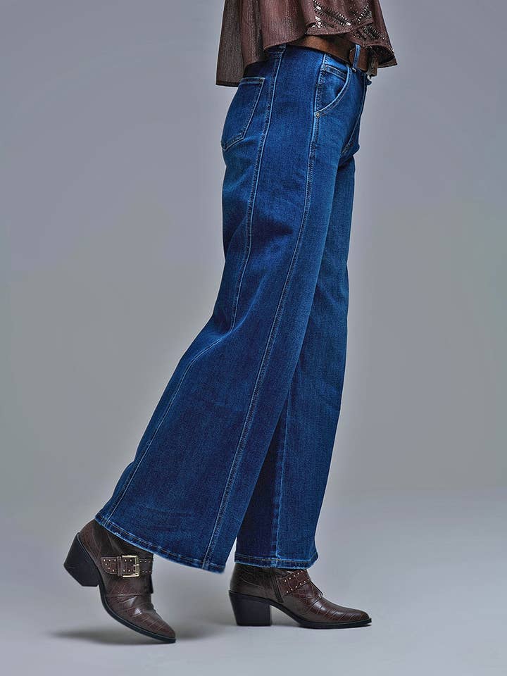 Jeans a gamba extra larga in lavaggio medio con tasche laterali per la vendita all'ingrosso da parte di Q2—All Orders:Free Duties for the US,UK,and Canada