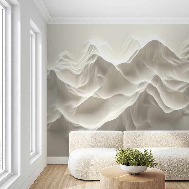 Murale de Montagne en Marbre Blanc, Papier Peint Élégant à Coller et Décoller pour la vente par SimurgWallArts