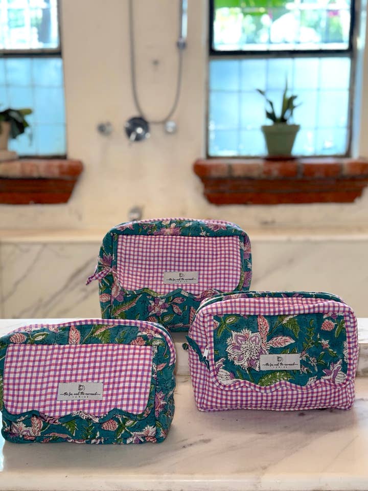 Set of 3 Hand Block Printed Cosmetic and Toiletry Bags for wholesale by The Fox and The Mermaid