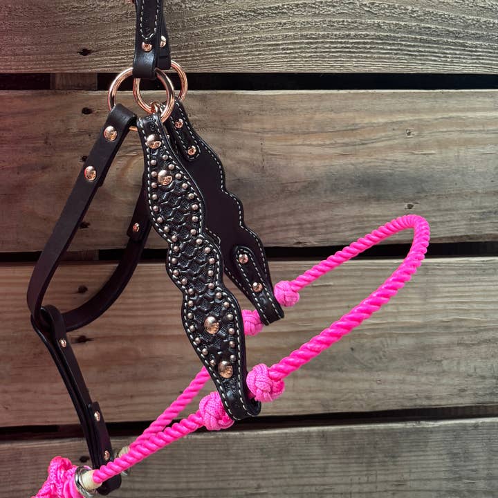 Rodeo Drive - Wholesale Horseback Riding Gear - Hot Pink Honeycomb Tooled Lariat & Leather Combo Halter1