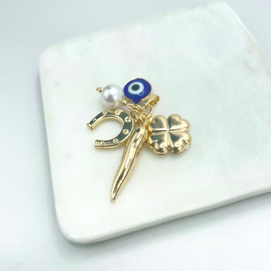 Luxus Accessories – wholesale Individuell berlock/hänge – 18k guldfylld klöver, onda ögon, hästsko, röd chili och simulerade pärldinglande berlocker2