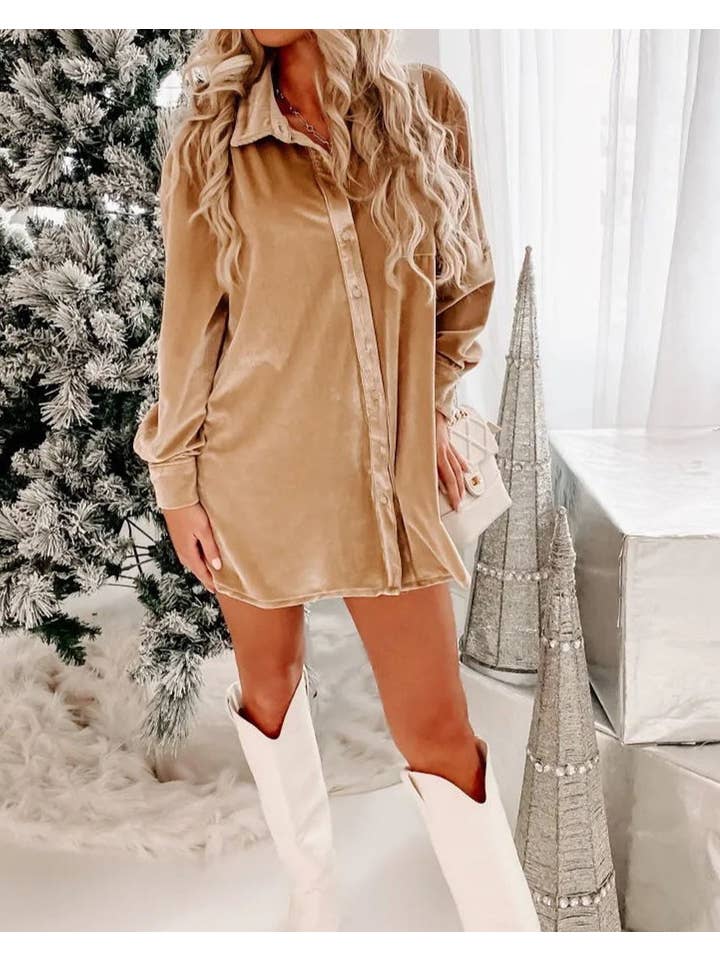 PRETTY BASH - Wholesale Dress - Women's - Velvet Long Sleeve Shirt Dress