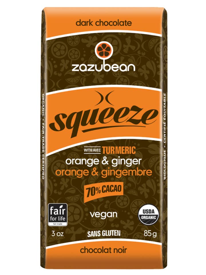 Zazubean SQUEEZE : orange et gingembre avec CURCUMA pour la vente par Zazubean Organic Chocolates