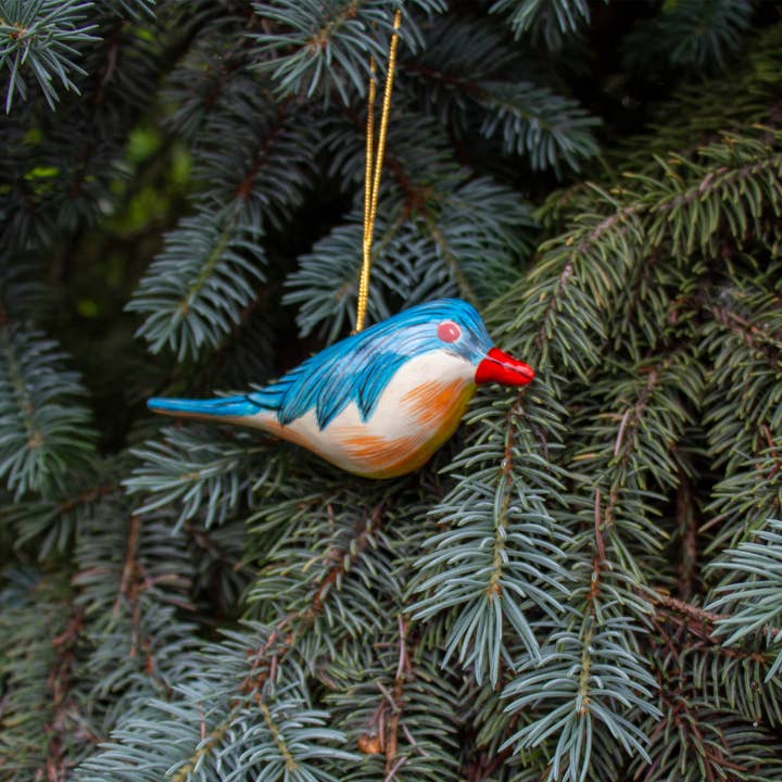 Global Crafts – Großhandel Verzierung – Handbemalter blauer Vogelanhänger aus recyceltem Pappmaché