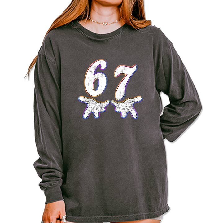 67 Hands Meme Viral Drill Vintage Soft Long-Sleeve T-shirt for wholesale by Expression Tees