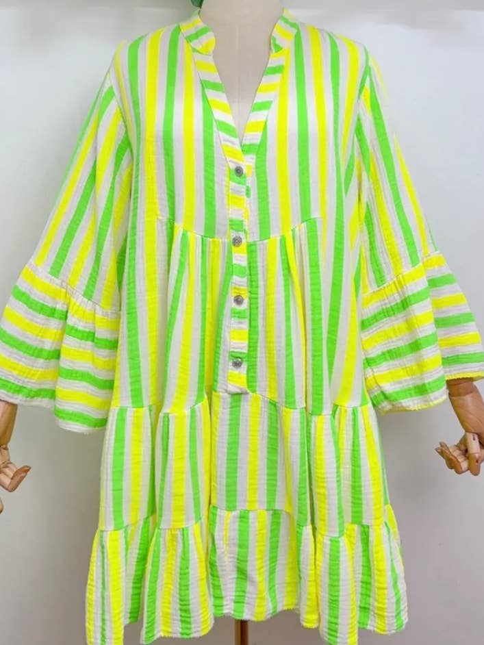 LOOWIE - Wholesale Dress - Women's - SVO38 Yellow One Size Italian Striped Short Printed Dress