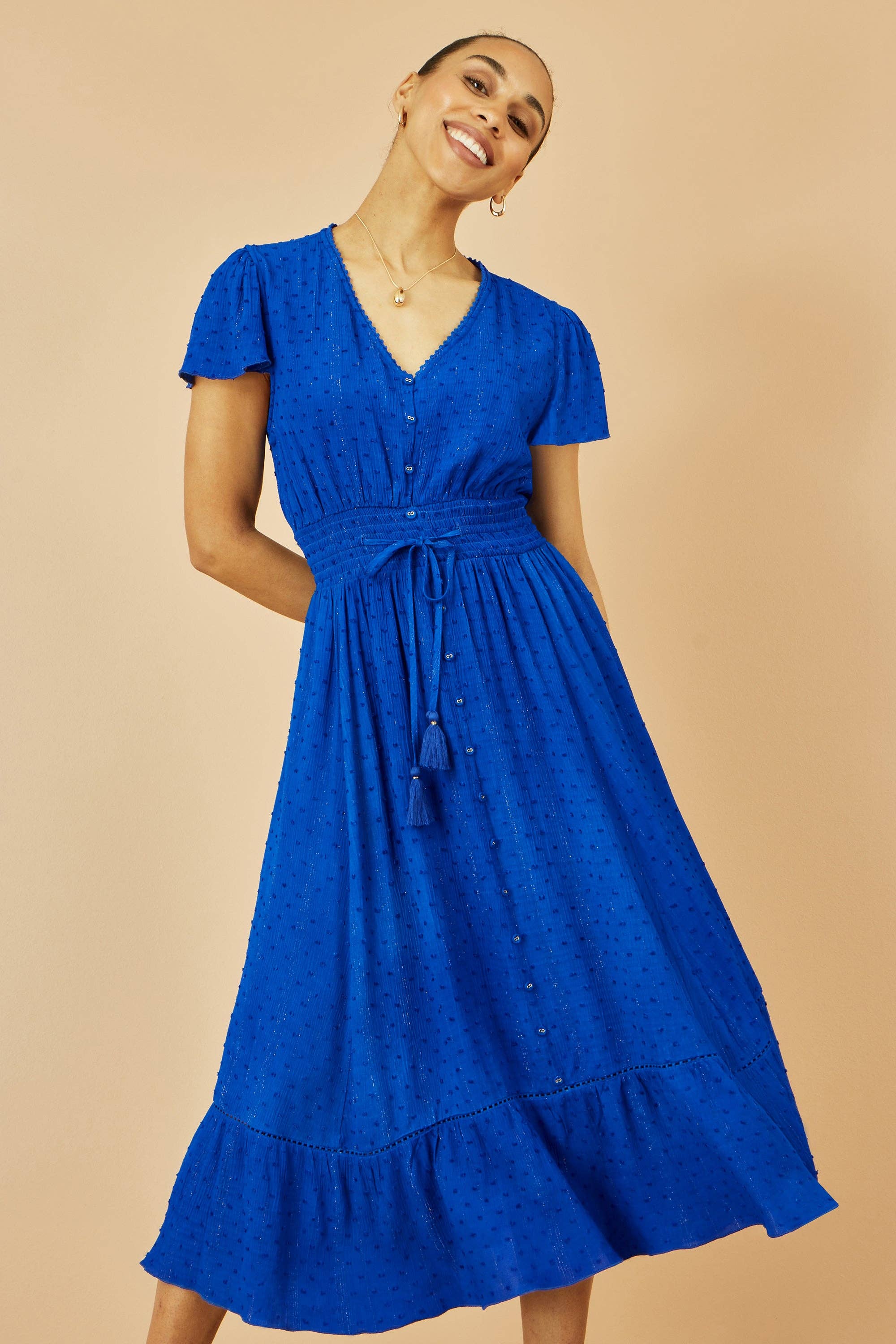Yumi Blue Button Detail Midi Dress With Ruched Waist And Metallic Thread for wholesale on Faire6