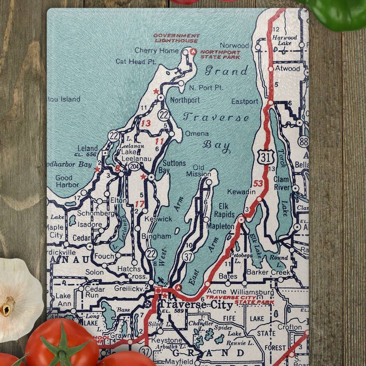 Daisy Mae Designs - Wholesale Cutting Board - Traverse City Michigan Map Cutting Board Charcuterie Cheese0