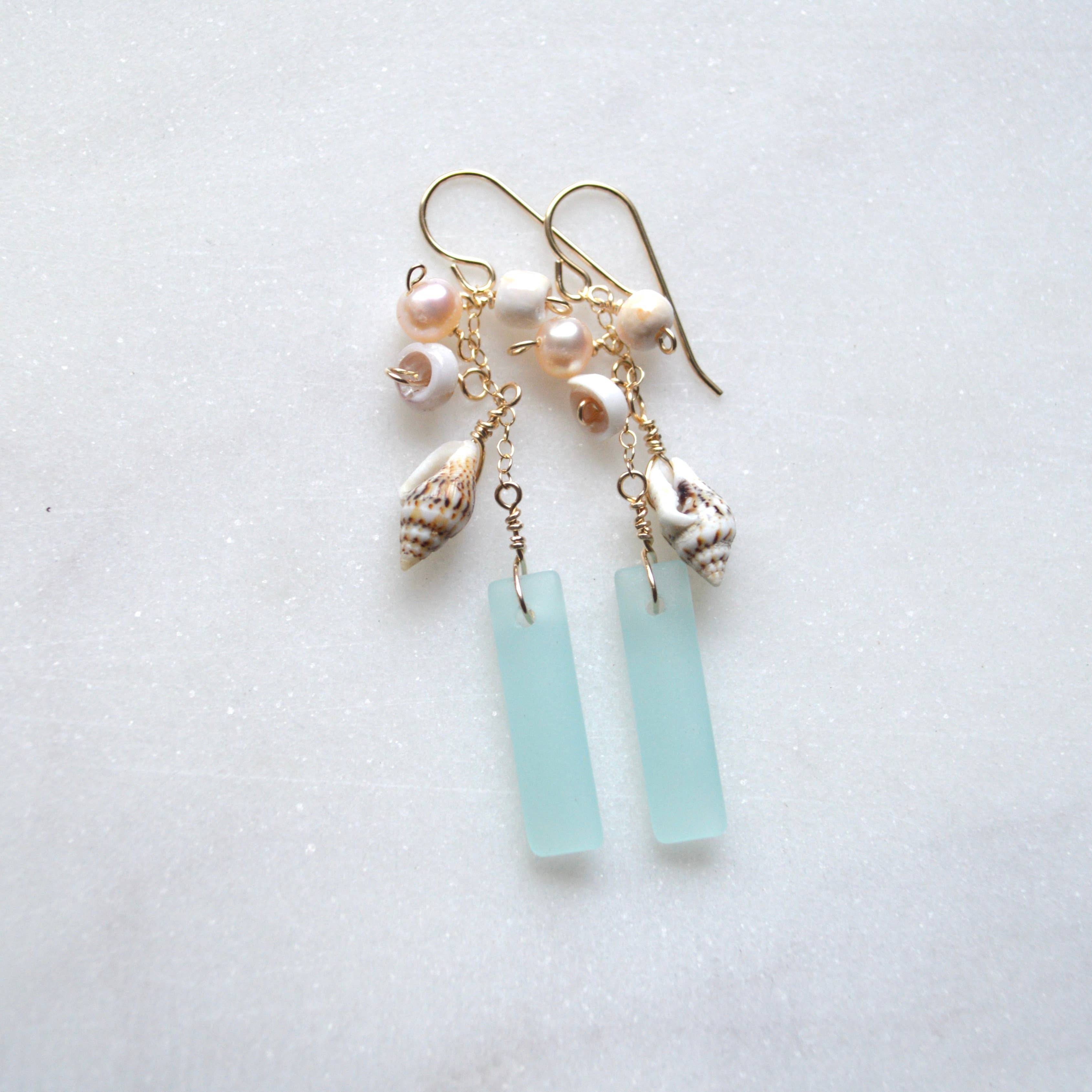 Salty But Sweet - Wholesale Dangle Earrings - Dangling Frosted Glass & Shell Earrings6