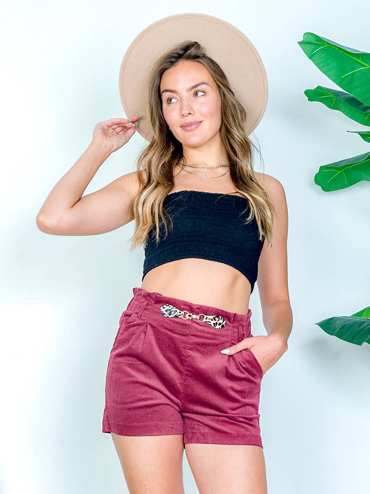 Paperbag Midja Corduroy Mini Shorts med Box Pleat, Leopard Print och hällor (HSP6494) för wholesale av Wholesale Fashion Couture