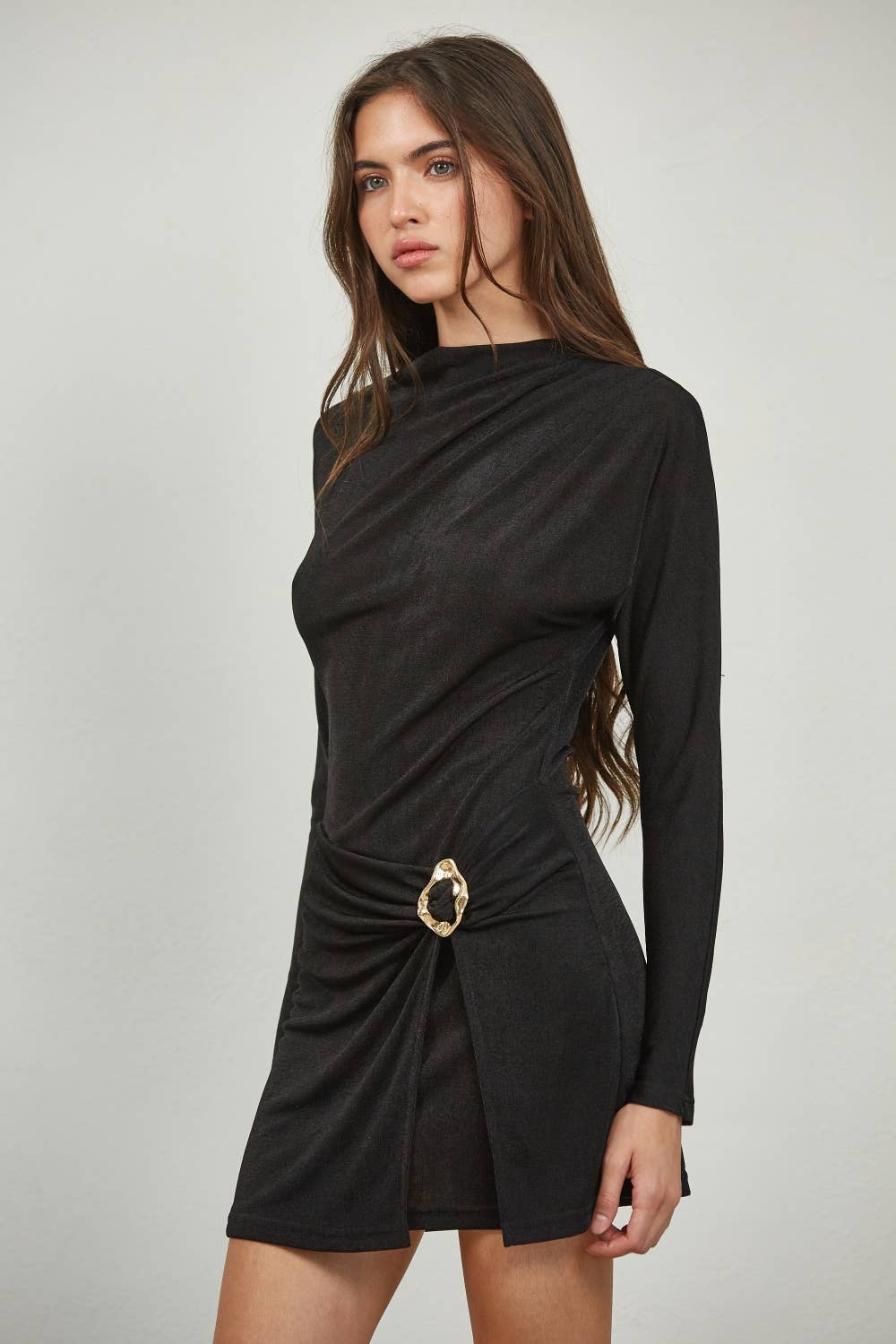 Edit by Nine - Wholesale Dress - Women's - Shimmer Ruched Mini Dress with Metal Accent1