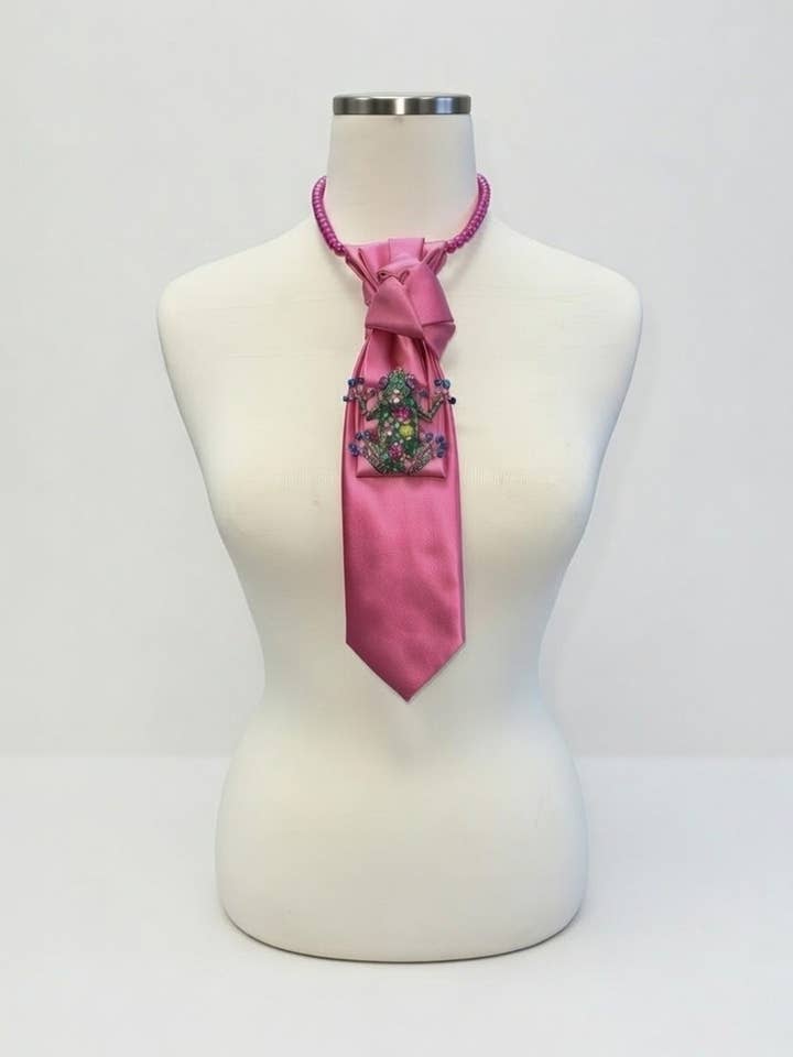 Custom Necktie Necklace - Hot Pink w Rhinestone Frog Brooch for wholesale by See it…Love it…Buy it