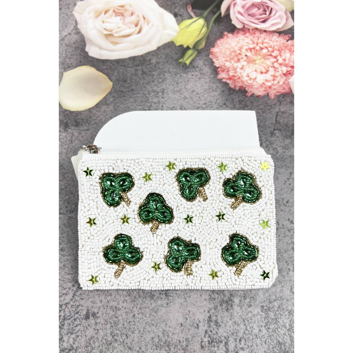 GREEN ST PATRICKS CLOVER OF INDIAN BEADED COIN POUCH for wholesale on Faire0