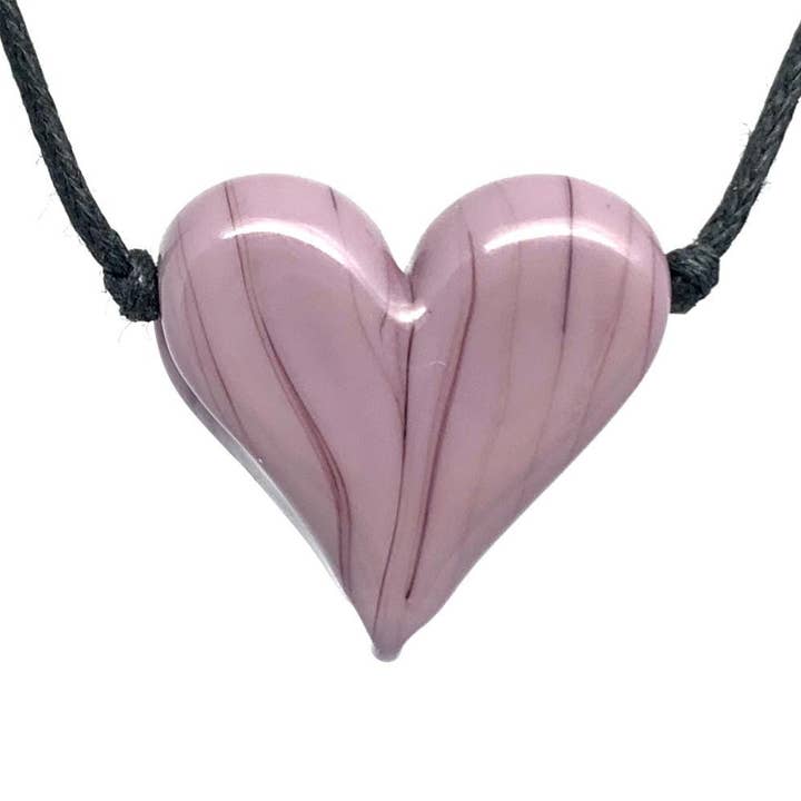 Violet Pastel Flameworked Glass Heart Necklace for wholesale by Ironwood Glassworks