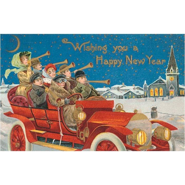 Found Image Press - Wholesale Stationery/Notecard Set - Greeting Card HN-23 Happy New Year, Revelers in Old Car