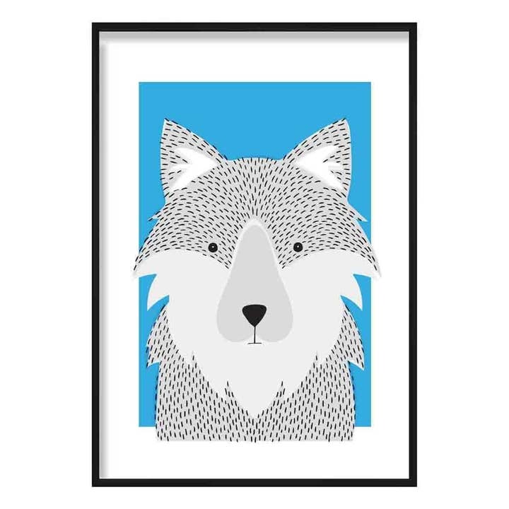 Wolf Sketch Style Nursery Bright Blue Poster for wholesale by Artze Wall Art