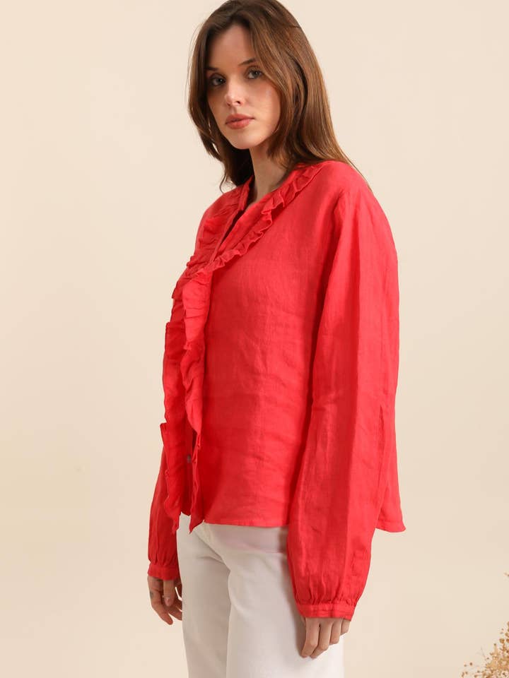 NAÏS PARIS - Wholesale Button Down Shirt - Women's - BUTTON-DOWN COLLAR SHIRT WITH RUFFLE DETAILS 100% LINEN