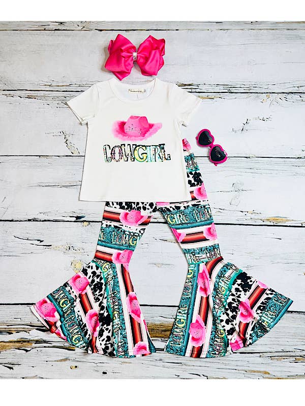 Western "COWGIRL" serape & cow print 2pc girls set for wholesale by luluclothes
