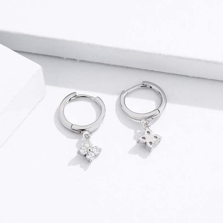 Perimade & Co. LLC - Wholesale Dangle Earrings - Four-Petal Flower Drop Hoop Earrings in 925 Sterling Silver