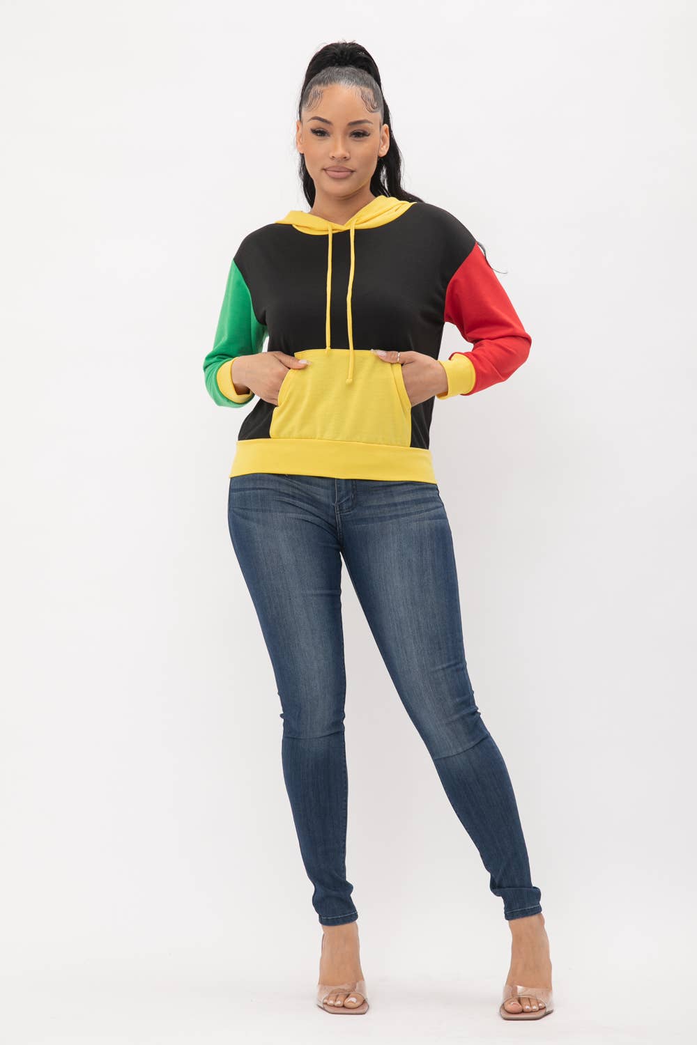Yellow Combo Color Block Front Pocket Long Sleeve Hoodie for wholesale on Faire5