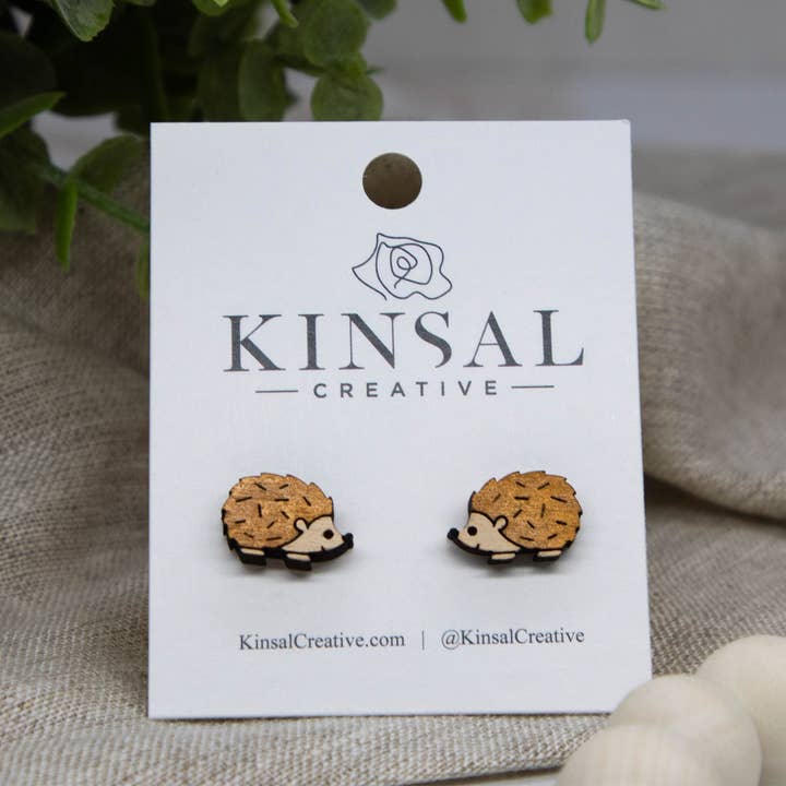 Hedgehog Wood Stud Earrings for wholesale by Kinsal Creative
