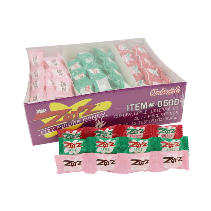 Zotz Fizzing Candy Strings, Cherry/Apple/Watermelon 48ct for wholesale by Grandpa Joe's Candy Shop